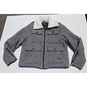 Hurley Houndstooth Plaid Jacket With Sherpa Collar Full Zip Women's Size M